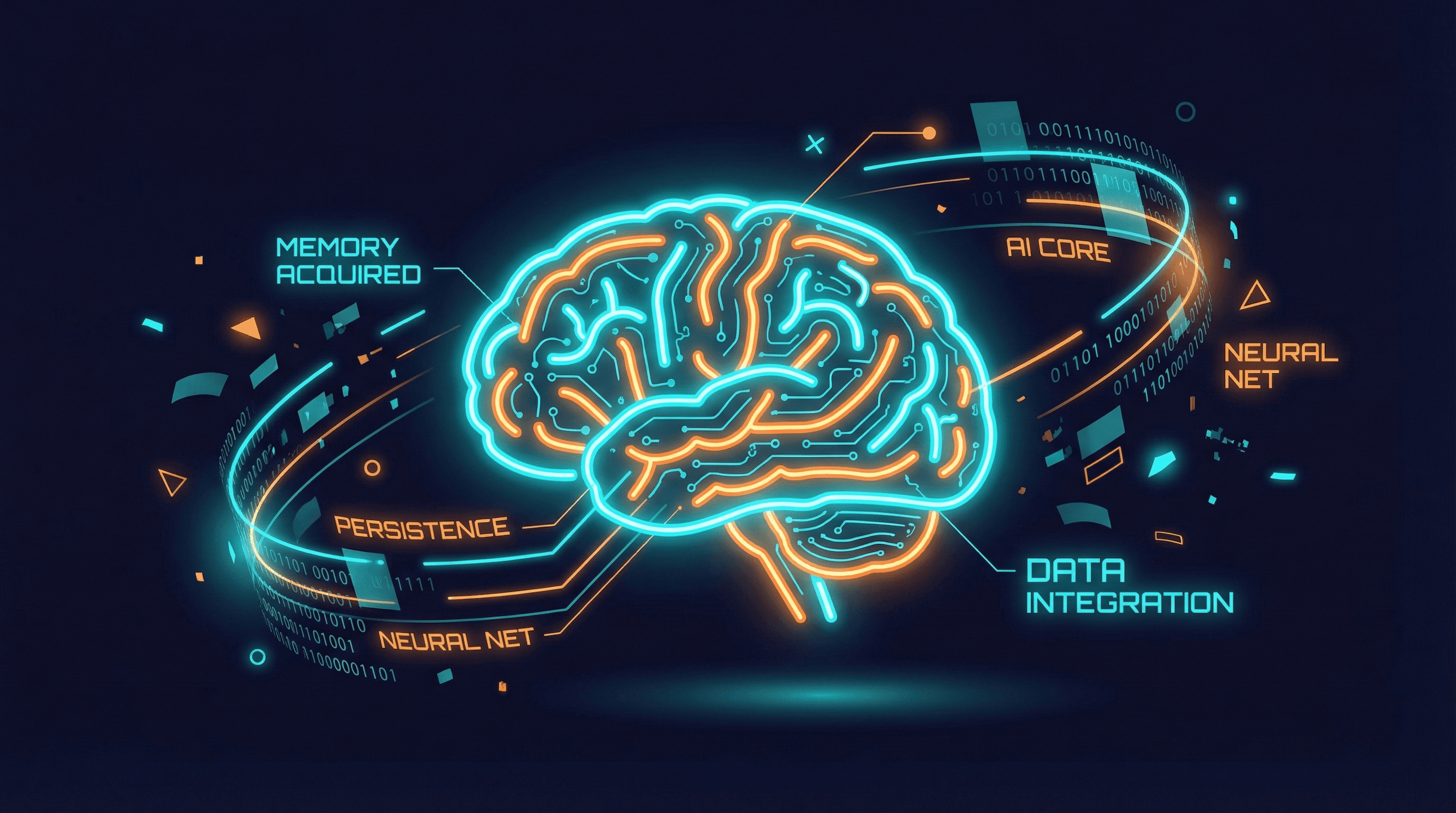 A futuristic glowing digital brain surrounded by floating data fragments