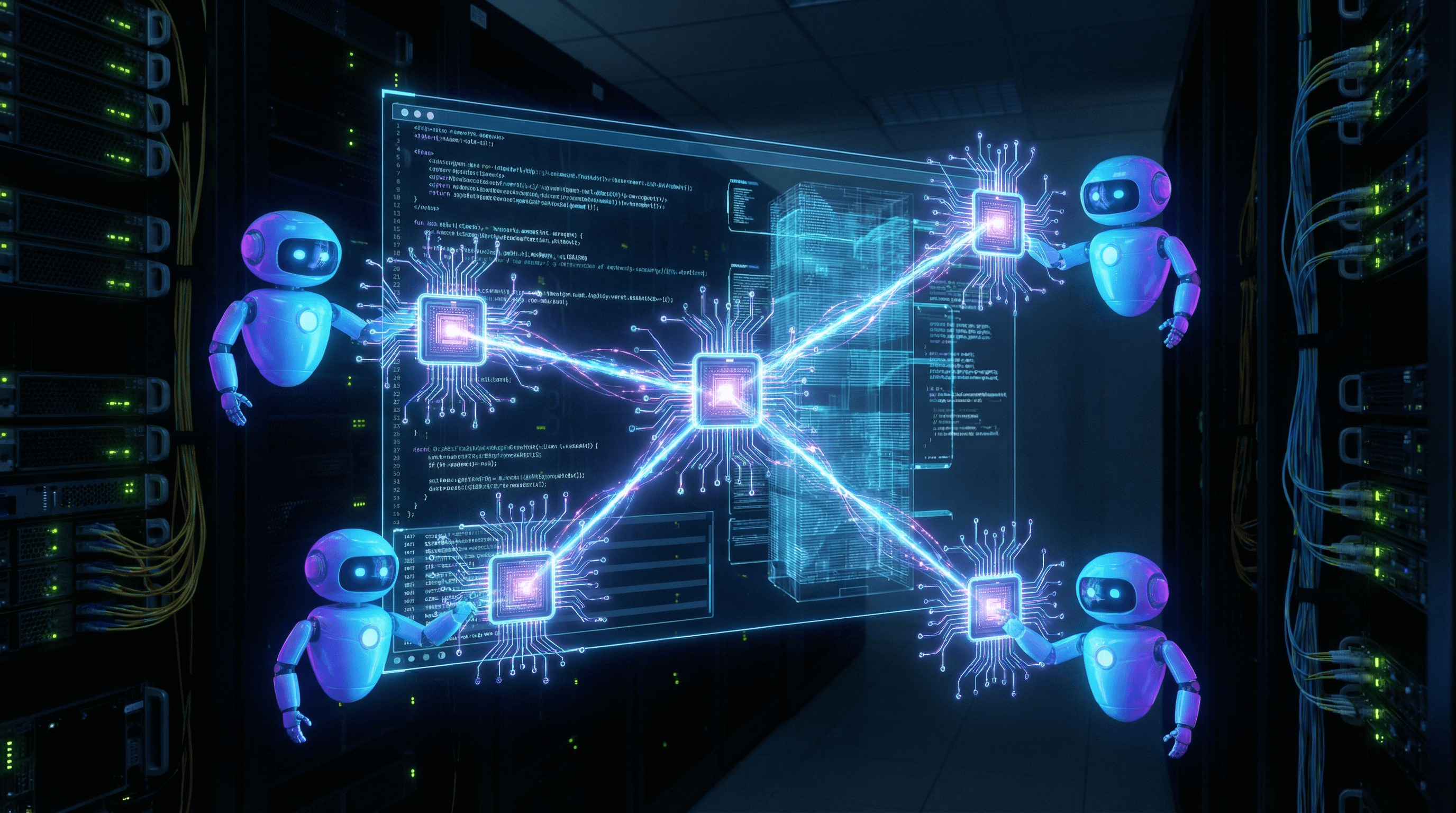Multiple glowing AI nodes working in parallel on a complex digital task