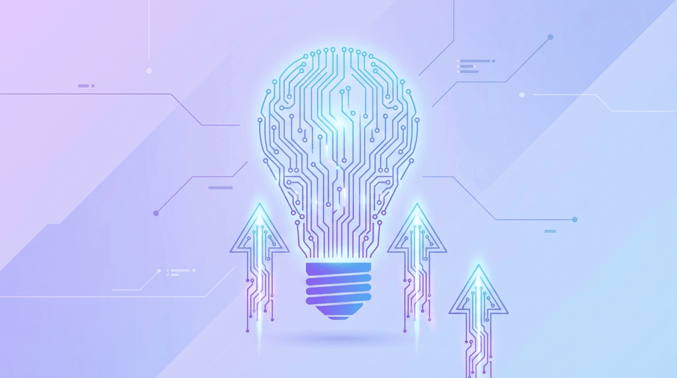 개선과 혁신 — 회로 패턴 전구와 상승 화살표