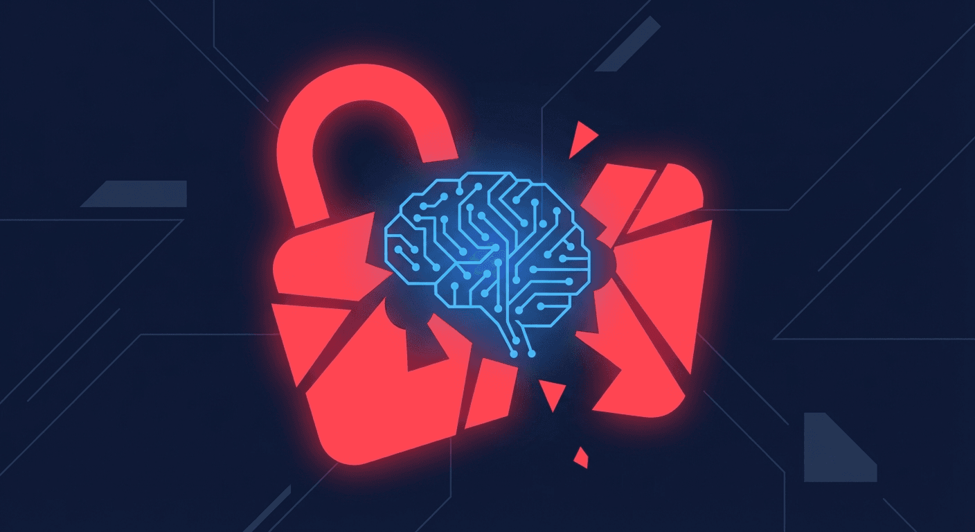 A glowing red digital lock icon shattered by a glowing blue AI brain circuit on a dark navy abstract background, modern minimal tech illustration, vector art style, flat colors, no text