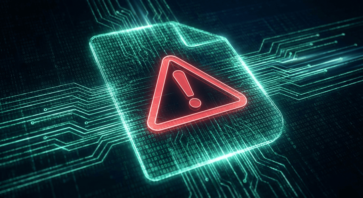 A glowing red warning sign overlaying a matrix of green code, abstract legal document morphing into digital data, dramatic lighting, modern minimal tech illustration, no text