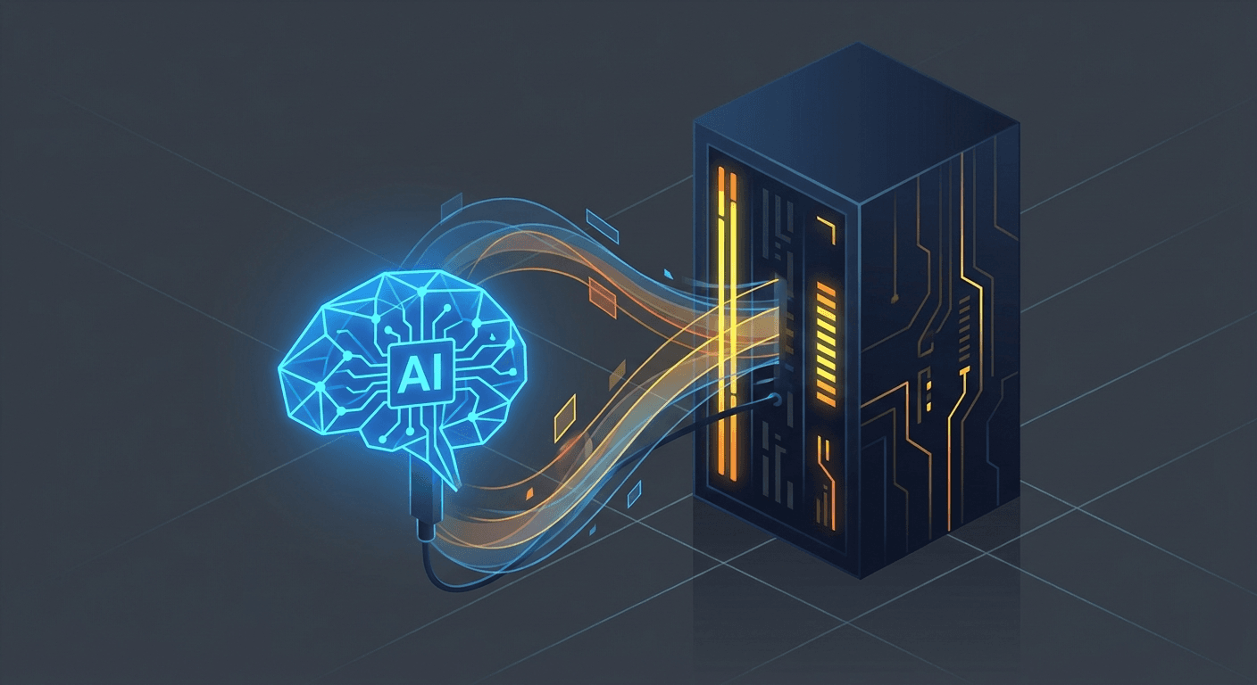A glowing blue AI brain node being plugged into a central mainframe server rack with yellow and orange neon accents, abstract data flow, modern minimal tech illustration, no text