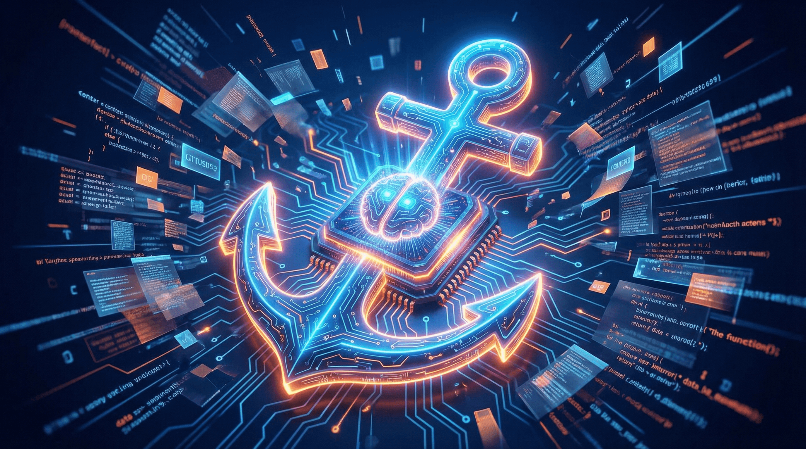 A glowing anchor holding down a bright digital core