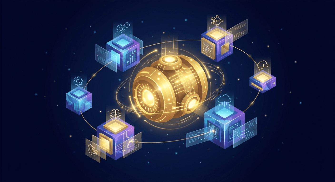 A glowing golden robust central engine core with multiple interchangeable AI models orbiting it, dark navy background with starlight sparks, epic modern minimal tech illustration, no text
